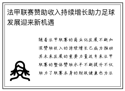 法甲联赛赞助收入持续增长助力足球发展迎来新机遇
